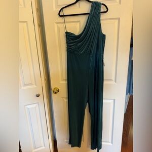 One-Shoulder Dark-Teal Velvet Jumpsuit